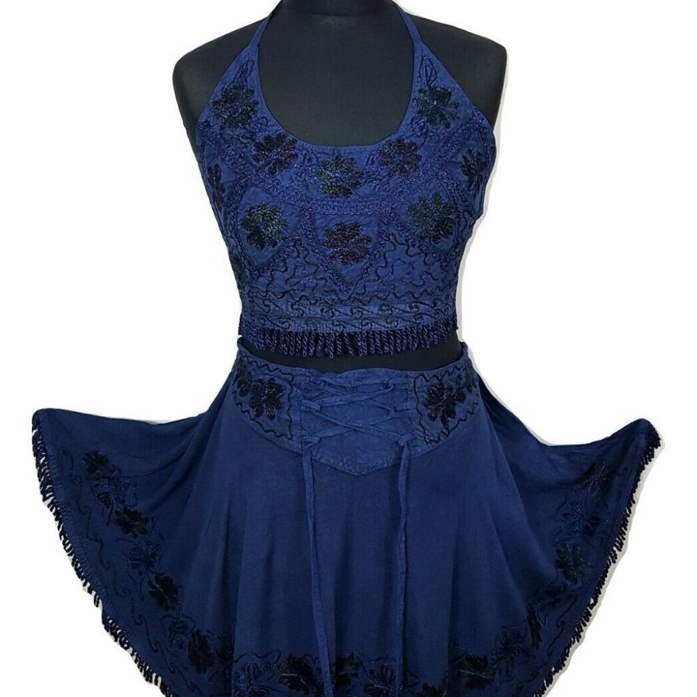 GOTH CRUISE BOHO PEASANT NAVY MINI CORSET SKIRT HALTER TOP SET OS 10 12 14
